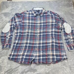 Cremieux Classics Shirt Mens 2XL Blue Plaid Button Down Elbow Patch Long Sleeve